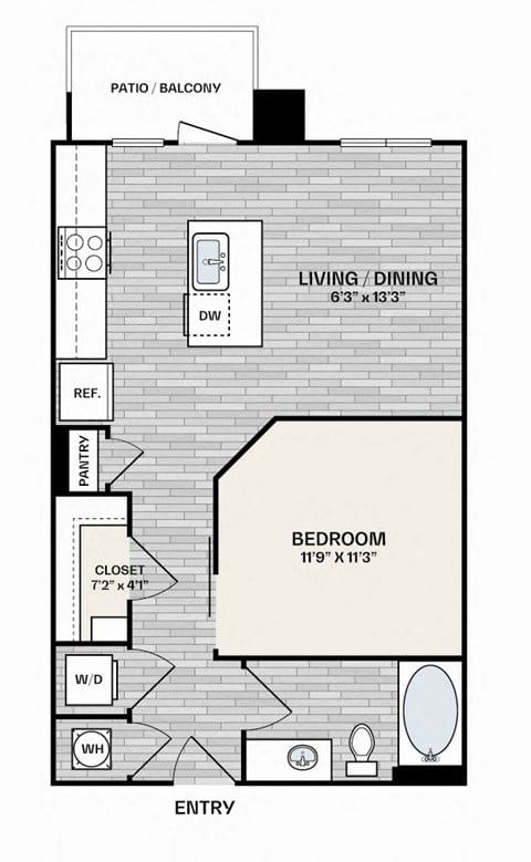 Floor plan for studio, 1 bath, 620 sqft